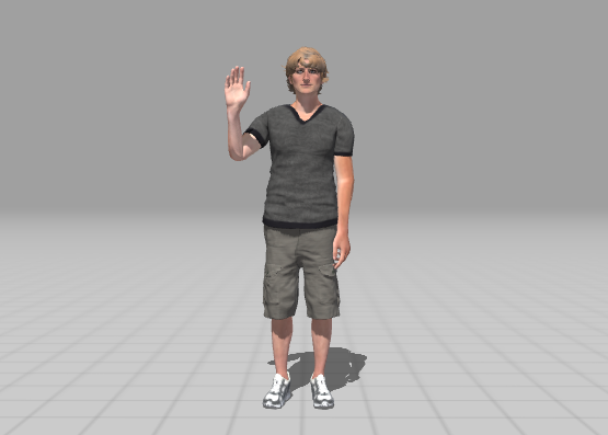A virtual human waving at the camera.